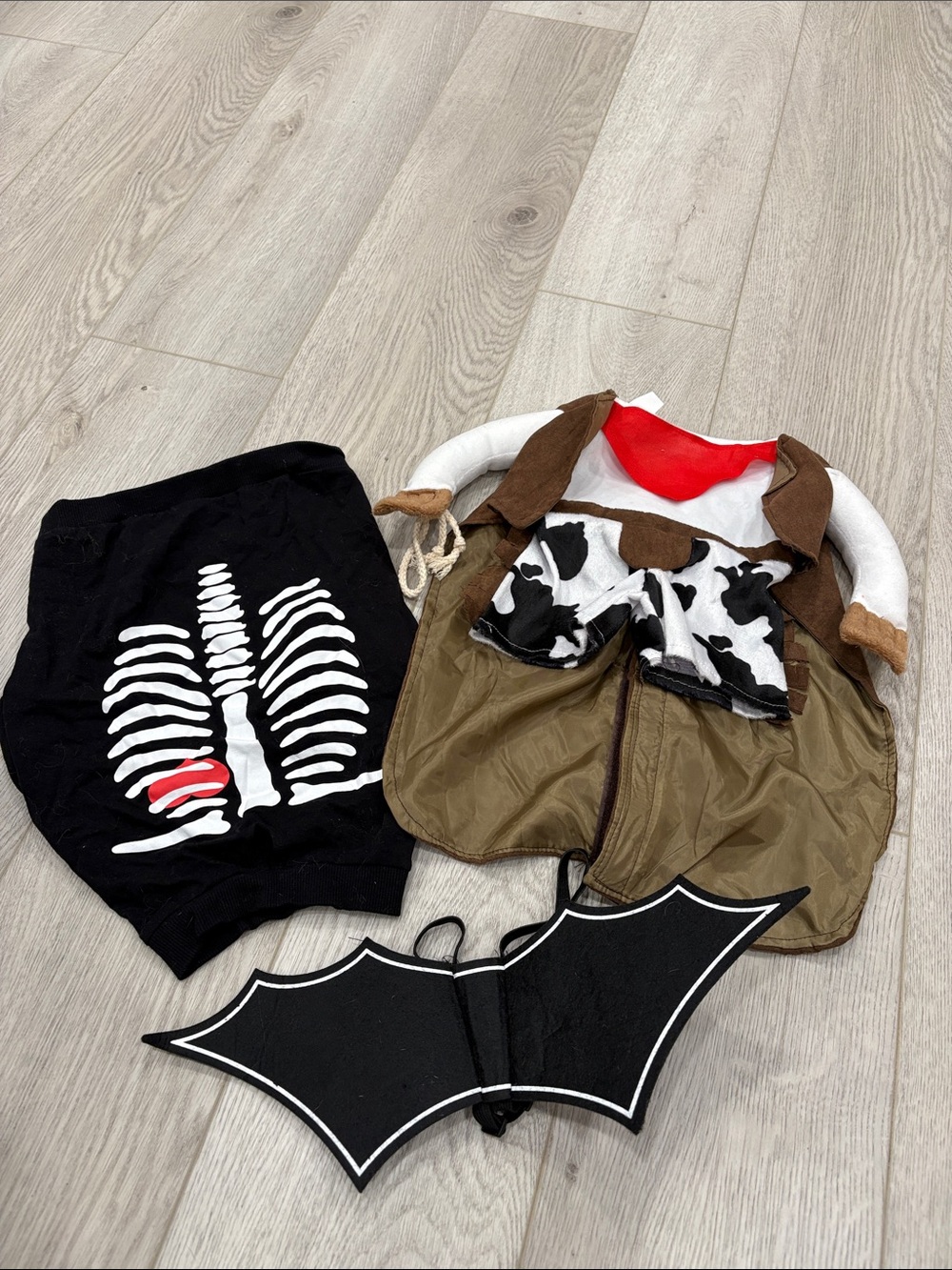 Dog Costume Set - Brown Cowboy Vest with Black Bat Wings and Skeleton Tee M